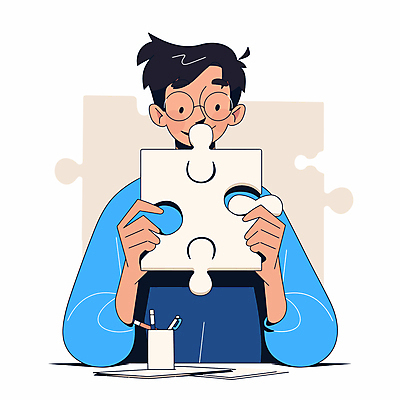 남자 종이 생각 일러스트 한명 미소 들기 상반신 성인 파란색 필기구 잡기 고민 퍼즐조각 성인남자한명만 안경낌 국내일러스트 AI파일 1 감정 안경 컬러 조각 모션 문구용품 표정 사람 퍼즐 남자한명만 성인남자만 파일형식 벡터