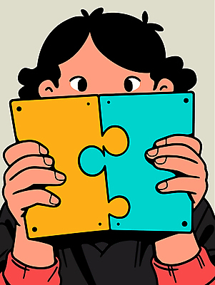 남자 어린이 일러스트 한명 들기 소년 상반신 컬러풀 퍼즐조각 얼굴가리기 소년한명만 국내일러스트 AI파일 1 컬러 조각 모션 사람 가림 퍼즐 남자한명만 소년만 파일형식 벡터