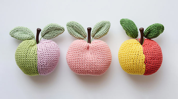 JPG 편집이미지 과일 사람없음 컬러풀 귀여움 뜨개질 니트 복숭아 수공예 편집실사 AI포토 AI콘텐츠 컬러 컨셉 상의 취미 공예 CG 파일형식