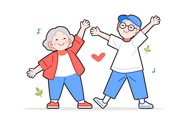 전신 캐릭터 부부 여자 노년 남자 일러스트 건강 미소 두명 빨간색 파란색 반짝임 운동복 스트레칭 만세 즐거움 체조 노인만 일러캐릭터 AI파일 커플 옷 감정 컬러 모션 표정 사람 성인 운동 성인만 파일형식 벡터
