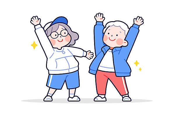 전신 캐릭터 부부 여자 노년 남자 일러스트 건강 미소 두명 빨간색 파란색 반짝임 운동복 손들기 스트레칭 만세 즐거움 체조 노인만 일러캐릭터 AI파일 커플 옷 감정 컬러 모션 표정 사람 성인 운동 성인만 파일형식 벡터