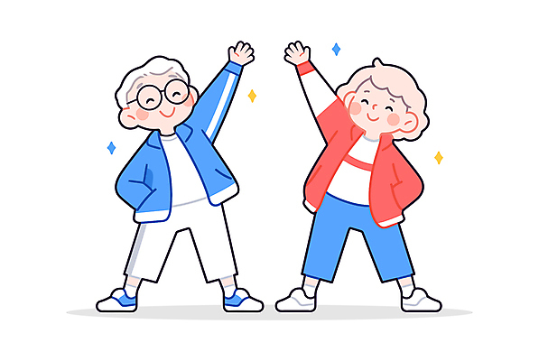 전신 캐릭터 부부 여자 노년 남자 일러스트 건강 미소 두명 빨간색 파란색 반짝임 운동복 손들기 스트레칭 즐거움 주머니손 체조 노인만 일러캐릭터 AI파일 커플 옷 감정 컬러 모션 표정 사람 성인 운동 성인만 파일형식 벡터