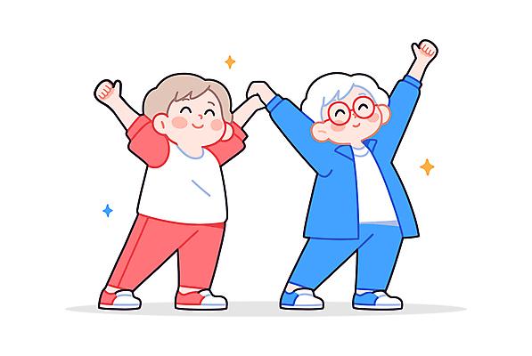 전신 캐릭터 여자 노년 일러스트 건강 미소 웃음 두명 빨간색 파란색 친구 반짝임 운동복 운동 손잡기 스트레칭 만세 즐거움 체조 노인여자만 일러캐릭터 AI파일 옷 감정 컬러 관계 모션 표정 사람 성인 여자만 노인만 파일형식 벡터