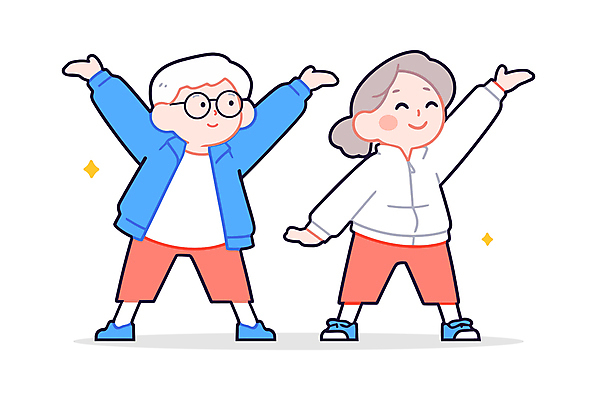 전신 캐릭터 여자 노년 남자 일러스트 건강 미소 성인 두명 빨간색 파란색 반짝임 운동복 운동 즐거움 체조 노인만 일러캐릭터 AI파일 옷 감정 컬러 모션 표정 사람 성인만 파일형식 벡터