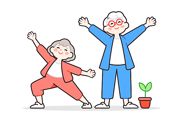 전신 캐릭터 여자 노년 일러스트 팔벌리기 건강 미소 두명 빨간색 파란색 친구 운동복 운동 스트레칭 즐거움 체조 노인여자만 일러캐릭터 AI파일 옷 감정 컬러 관계 모션 표정 사람 성인 여자만 노인만 파일형식 벡터