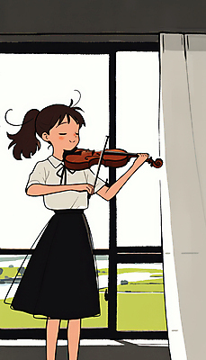 JPG 여자 어린이 연주 일러스트 창문 실내 한명 소녀 클래식 집중 연습 바이올린 소녀한명만 국내일러스트 AI일러스트 AI콘텐츠 1 음악 컨셉 현악기 사람 내부 여자한명만 소녀만 파일형식