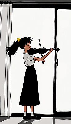 JPG 여자 어린이 연주 일러스트 실내 밝음 한명 소녀 햇빛 음악가 집중 창가 연습 바이올린 소녀한명만 국내일러스트 AI일러스트 AI콘텐츠 직업 1 음악 컨셉 창문 현악기 사람 내부 태양 여자한명만 소녀만 파일형식