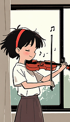 JPG 여자 어린이 연주 일러스트 실내 한명 소녀 음악가 집중 창가 바이올린 소녀한명만 국내일러스트 AI일러스트 AI콘텐츠 직업 1 음악 컨셉 창문 현악기 사람 내부 여자한명만 소녀만 파일형식