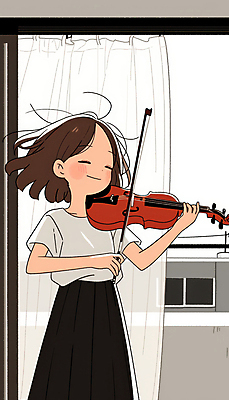 JPG 여자 어린이 연주 일러스트 창문 밝음 한명 소녀 집중 연습 바이올린 즐거움 상쾌 소녀한명만 국내일러스트 AI일러스트 AI콘텐츠 1 감정 음악 컨셉 현악기 사람 여자한명만 소녀만 파일형식