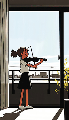 JPG 전신 여자 어린이 연주 일러스트 한명 소녀 햇빛 음악가 발코니 집중 바이올린 소녀한명만 국내일러스트 AI일러스트 AI콘텐츠 직업 1 음악 컨셉 현악기 사람 태양 여자한명만 소녀만 파일형식