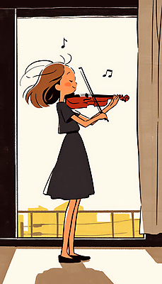 JPG 여자 행복 어린이 연주 일러스트 창문 실내 한명 소녀 음악가 집중 바이올린 소녀한명만 몰입 국내일러스트 AI일러스트 AI콘텐츠 직업 1 감정 음악 컨셉 현악기 사람 내부 여자한명만 소녀만 파일형식