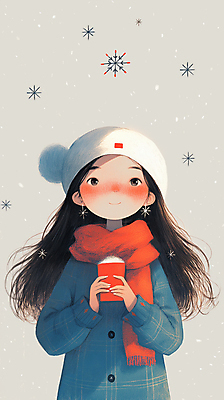JPG 여자 행복 어린이 겨울 일러스트 털모자 한명 미소 소녀 컵 파란색 목도리 추위 눈송이 눈내림 소녀한명만 국내일러스트 AI일러스트 AI콘텐츠 모자_잡화 1 식기 잡화 계절 감정 컬러 눈_날씨 표정 사람 여자한명만 소녀만 파일형식