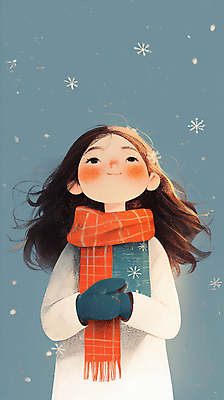 JPG 여자 행복 어린이 겨울 일러스트 한명 미소 소녀 파란색 목도리 추위 올려보기 눈송이 눈내림 소녀한명만 손모아장갑 국내일러스트 AI일러스트 AI콘텐츠 1 잡화 계절 감정 컬러 장갑 모션 눈_날씨 표정 사람 여자한명만 소녀만 파일형식