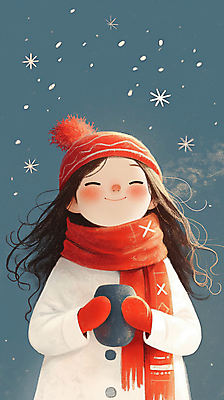 JPG 여자 행복 어린이 겨울 일러스트 하늘 털모자 한명 미소 들기 소녀 목도리 추위 눈송이 눈내림 소녀한명만 손모아장갑 국내일러스트 AI일러스트 AI콘텐츠 모자_잡화 1 잡화 계절 감정 장갑 모션 눈_날씨 표정 사람 여자한명만 소녀만 파일형식