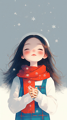 JPG 여자 어린이 겨울 일러스트 털모자 한명 미소 소녀 눈감음 목도리 추위 기도 눈송이 눈내림 소녀한명만 국내일러스트 AI일러스트 AI콘텐츠 모자_잡화 1 잡화 계절 모션 눈_날씨 표정 사람 여자한명만 소녀만 파일형식