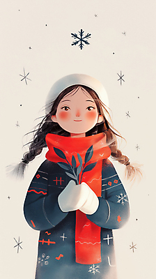 JPG 여자 행복 어린이 잎 겨울 일러스트 털모자 한명 미소 들기 소녀 목도리 추위 눈송이 눈내림 소녀한명만 손모아장갑 국내일러스트 AI일러스트 AI콘텐츠 식물 모자_잡화 1 잡화 계절 감정 장갑 모션 눈_날씨 표정 사람 여자한명만 소녀만 파일형식