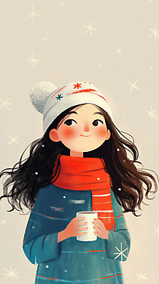 JPG 여자 행복 어린이 겨울 일러스트 털모자 한명 미소 소녀 상반신 목도리 머그컵 추위 베이지색 눈내림 소녀한명만 국내일러스트 AI일러스트 AI콘텐츠 모자_잡화 1 잡화 계절 감정 컬러 눈_날씨 표정 사람 컵 여자한명만 소녀만 파일형식