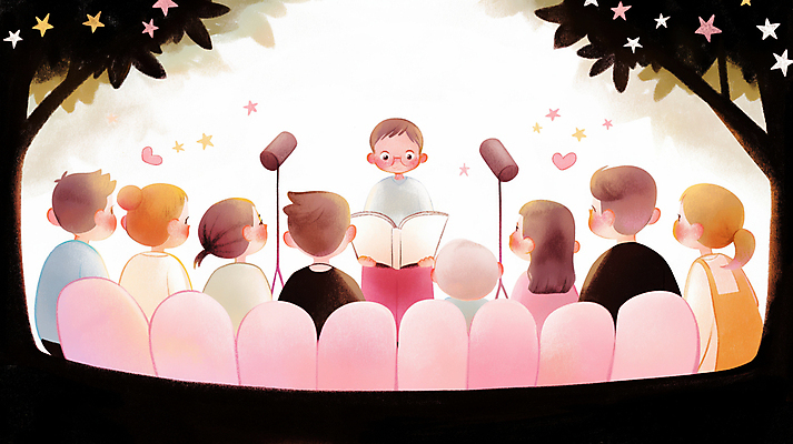 JPG 나무 여자 남자 별 어린이 분홍색 일러스트 이야기 소녀 소년 여러명 책 친구 독서 무대 군중 집중 읽기 소통 어린이만 국내일러스트 AI일러스트 AI콘텐츠 자연요소 식물 컬러 다수 컨셉 관계 모션 사람 파일형식