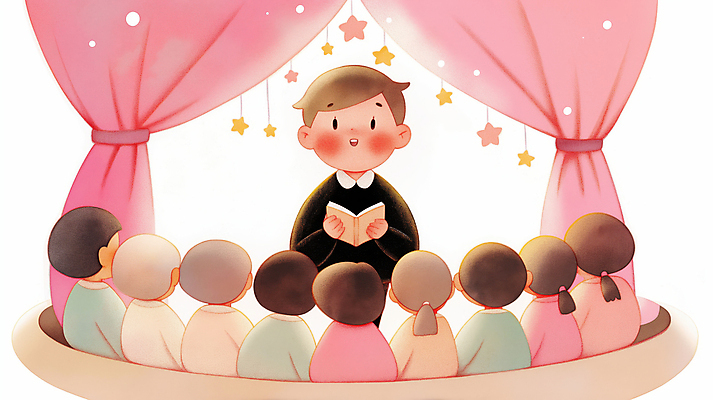 JPG 여자 남자 별 어린이 분홍색 일러스트 이야기 소녀 소년 여러명 성인 책 독서 교사 무대 커튼 군중 집중 읽기 소통 국내일러스트 AI일러스트 AI콘텐츠 자연요소 직업 컬러 다수 컨셉 모션 사람 파일형식