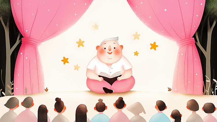 JPG 나무 여자 교육 남자 별 어린이 분홍색 일러스트 이야기 앉기 소녀 소년 여러명 성인 책 독서 교사 무대 커튼 군중 집중 읽기 소통 국내일러스트 AI일러스트 AI콘텐츠 자연요소 식물 직업 컬러 다수 컨셉 모션 사람 파일형식
