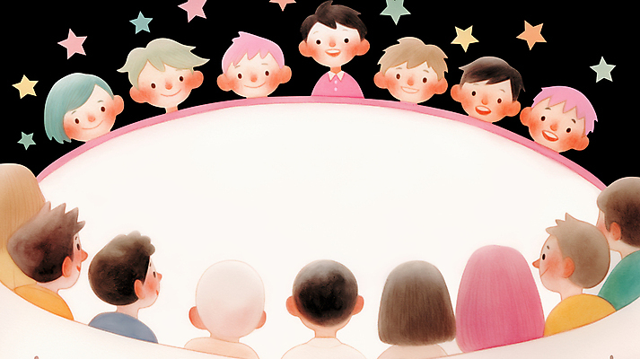 JPG 여자 남자 별 어린이 분홍색 일러스트 소녀 소년 여러명 친구 무대 소통 둘러앉은 어린이만 국내일러스트 AI일러스트 AI콘텐츠 자연요소 컬러 다수 컨셉 관계 사람 파일형식