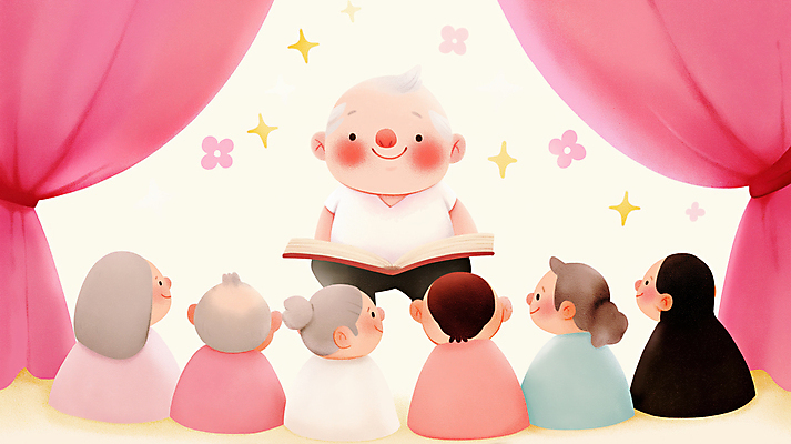 JPG 여자 남자 어린이 분홍색 일러스트 이야기 앉기 소녀 소년 여러명 성인 반짝임 독서 교사 무대 커튼 집중 읽기 소통 국내일러스트 AI일러스트 AI콘텐츠 직업 컬러 다수 컨셉 모션 사람 파일형식