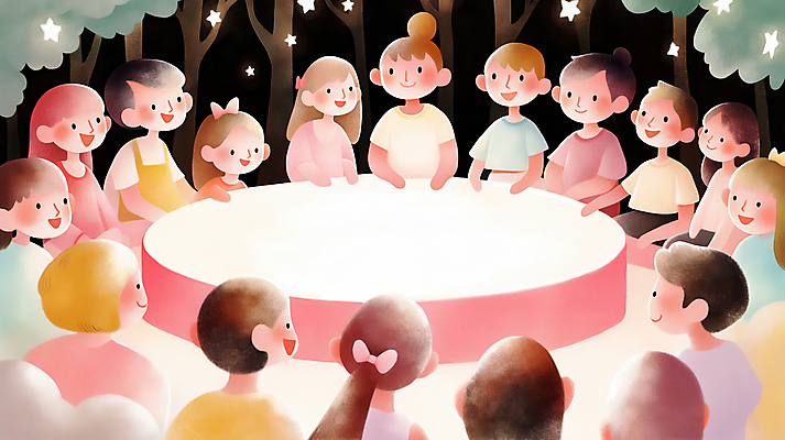 JPG 여자 교육 남자 어린이 분홍색 일러스트 이야기 웃음 소녀 소년 여러명 친구 무대 숲속 집중 소통 둘러앉은 어린이만 국내일러스트 AI일러스트 AI콘텐츠 컬러 다수 컨셉 관계 표정 사람 숲 파일형식