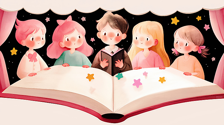 JPG 여자 교육 별 어린이 분홍색 일러스트 이야기 미소 들기 소녀 여러명 책 친구 독서 커튼 집중 읽기 소통 소녀만 국내일러스트 AI일러스트 AI콘텐츠 자연요소 컬러 다수 컨셉 관계 모션 표정 사람 여자만 어린이만 파일형식