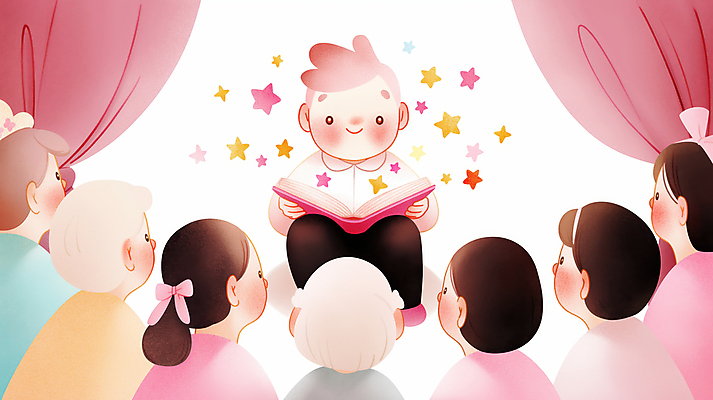 JPG 여자 남자 어린이 분홍색 일러스트 이야기 소녀 소년 여러명 책 독서 무대 커튼 발표 군중 집중 읽기 소통 어린이만 국내일러스트 AI일러스트 AI콘텐츠 컬러 다수 컨셉 모션 사람 파일형식