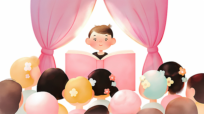 JPG 여자 교육 남자 꽃 어린이 분홍색 일러스트 이야기 미소 소녀 소년 여러명 책 친구 독서 커튼 발표 집중 읽기 소통 어린이만 국내일러스트 AI일러스트 AI콘텐츠 식물 컬러 다수 컨셉 관계 모션 표정 사람 파일형식
