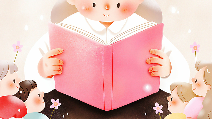 JPG 여자 남자 꽃 어린이 분홍색 일러스트 이야기 들기 소녀 소년 여러명 성인 책 독서 교사 집중 읽기 소통 국내일러스트 AI일러스트 AI콘텐츠 식물 직업 컬러 다수 컨셉 모션 사람 파일형식