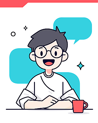 남자 말풍선 의자 일러스트 한명 미소 앉기 상반신 성인 컵 반짝임 책상 채팅 성인남자한명만 안경낌 국내일러스트 AI파일 1 식기 안경 가구 모션 표정 사람 남자한명만 성인남자만 파일형식 벡터