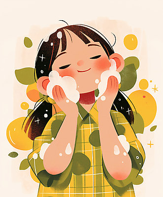 JPG 여자 행복 얼굴 어린이 일러스트 따뜻함 한명 미소 소녀 상반신 연두색 노란색 귀여움 눈감음 청결 잠옷 세수 비누거품 소녀한명만 국내일러스트 AI일러스트 AI콘텐츠 1 옷 감정 컬러 컨셉 모션 표정 사람 신체부위 초록색 거품 위생 여자한명만 소녀만 파일형식