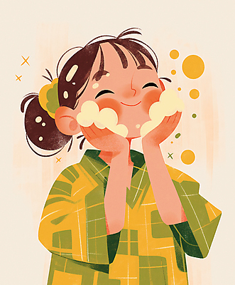 JPG 여자 행복 얼굴 어린이 일러스트 따뜻함 한명 미소 소녀 상반신 연두색 노란색 귀여움 눈감음 청결 잠옷 세수 비누거품 소녀한명만 국내일러스트 AI일러스트 AI콘텐츠 1 옷 감정 컬러 컨셉 모션 표정 사람 신체부위 초록색 거품 위생 여자한명만 소녀만 파일형식