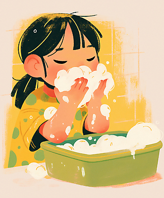 JPG 여자 어린이 일러스트 따뜻함 한명 소녀 상반신 연두색 노란색 귀여움 눈감음 청결 잠옷 양손 세수 비누거품 세숫대야 소녀한명만 국내일러스트 AI일러스트 AI콘텐츠 1 손 옷 컬러 컨셉 모션 사람 초록색 거품 위생 여자한명만 소녀만 파일형식