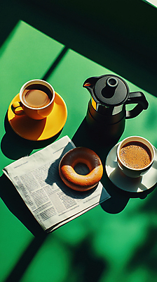 JPG 편집이미지 여유 커피 휴식 그림자 취미 사람없음 초록색 커피잔 컵받침 힐링 감성 베이글 영자신문 프렌치프레스 홈카페 편집실사 AI포토 AI콘텐츠 감정 음료 빵 컬러 컨셉 잔 카페 신문 받침대 CG 커피용품 파일형식