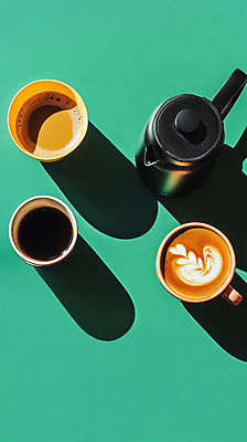 JPG 편집이미지 여유 커피 휴식 그림자 취미 사람없음 컵받침 힐링 감성 라떼아트 에메랄드색 프렌치프레스 홈카페 편집실사 AI포토 AI콘텐츠 감정 음료 컬러 컨셉 카페 받침대 CG 그림 라떼 커피용품 파일형식