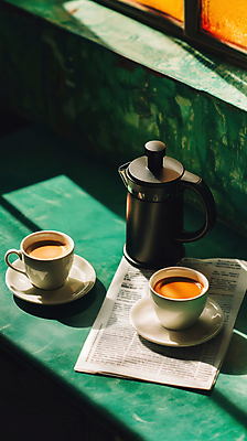 JPG 편집이미지 여유 커피 휴식 그림자 취미 사람없음 초록색 햇빛 커피잔 컵받침 힐링 감성 영자신문 프렌치프레스 홈카페 편집실사 AI포토 AI콘텐츠 감정 음료 컬러 컨셉 잔 태양 카페 신문 받침대 CG 커피용품 파일형식