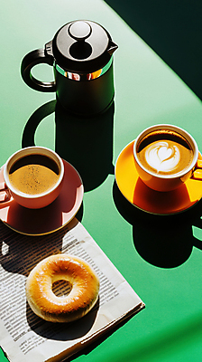 JPG 편집이미지 여유 커피 휴식 그림자 취미 사람없음 초록색 커피잔 컵받침 힐링 감성 베이글 영자신문 에스프레소 라떼아트 프렌치프레스 홈카페 편집실사 AI포토 AI콘텐츠 감정 음료 빵 컬러 컨셉 잔 카페 신문 받침대 CG 그림 라떼 커피용품 파일형식