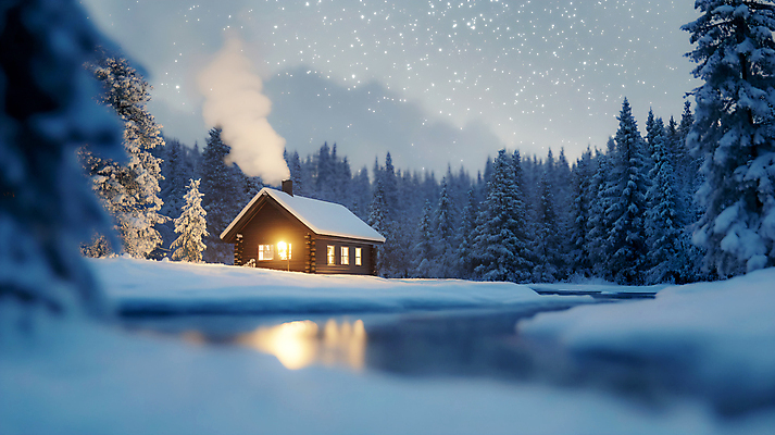 JPG 나무 편집이미지 설경 겨울 자연 밤하늘 굴뚝 사람없음 빛 추위 눈 개울 연기 저녁 숲속 오두막 편집실사 AI포토 AI콘텐츠 자연요소 식물 계절 하늘 날씨 풍경 강 야간 숲 CG 생태계 파일형식