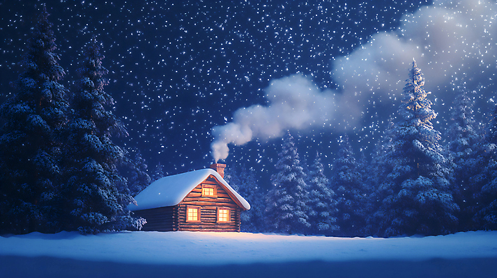 JPG 나무 편집이미지 설경 겨울 자연 밤하늘 굴뚝 사람없음 추위 눈 연기 저녁 숲속 오두막 편집실사 AI포토 AI콘텐츠 자연요소 식물 계절 하늘 날씨 풍경 야간 숲 CG 생태계 파일형식