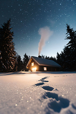 JPG 나무 편집이미지 설경 겨울 자연 밤하늘 굴뚝 사람없음 추위 눈 연기 저녁 숲속 오두막 발자국 편집실사 AI포토 AI콘텐츠 자연요소 식물 계절 자국 하늘 날씨 풍경 야간 숲 CG 생태계 파일형식