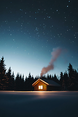 JPG 나무 편집이미지 설경 겨울 자연 밤하늘 굴뚝 사람없음 추위 눈 연기 저녁 숲속 오두막 편집실사 AI포토 AI콘텐츠 자연요소 식물 계절 하늘 날씨 풍경 야간 숲 CG 생태계 파일형식