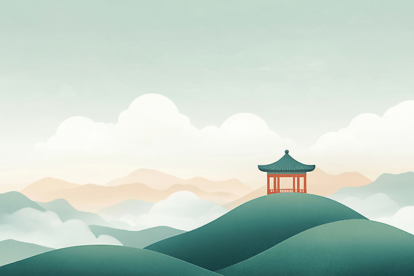JPG 구름 일러스트 자연 산 풍경 사람없음 초록색 연두색 언덕 산등성이 정자 휴식처 국내일러스트 AI일러스트 AI콘텐츠 자연요소 건축물 컬러 휴식 생태계 파일형식
