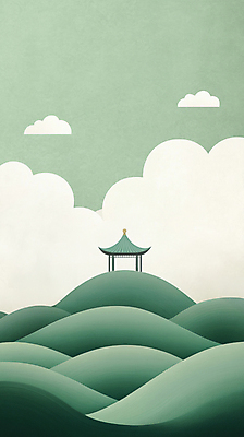 JPG 구름 일러스트 자연 산 풍경 사람없음 초록색 연두색 언덕 산등성이 정자 휴식처 국내일러스트 AI일러스트 AI콘텐츠 자연요소 건축물 컬러 휴식 생태계 파일형식