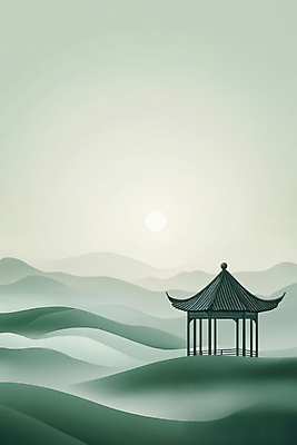 JPG 구름 일러스트 자연 산 풍경 사람없음 초록색 연두색 태양 언덕 산등성이 정자 휴식처 국내일러스트 AI일러스트 AI콘텐츠 자연요소 건축물 컬러 휴식 생태계 파일형식
