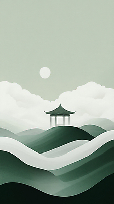 JPG 구름 일러스트 자연 산 풍경 사람없음 초록색 연두색 태양 언덕 산등성이 정자 휴식처 국내일러스트 AI일러스트 AI콘텐츠 자연요소 건축물 컬러 휴식 생태계 파일형식