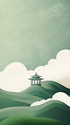 JPG 구름 일러스트 자연 산 풍경 사람없음 초록색 연두색 언덕 산등성이 정자 휴식처 국내일러스트 AI일러스트 AI콘텐츠 자연요소 건축물 컬러 휴식 생태계 파일형식
