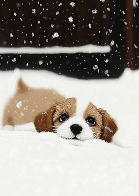 JPG 동물 편집이미지 한마리 겨울 붓터치 사람없음 귀여움 눈 강아지 그림 캔버스 함박눈 눈내림 눈덮임 묻힘 편집실사 자연요소 1 계절 컨셉 모션 날씨 눈_날씨 반려동물 개 CG 파일형식