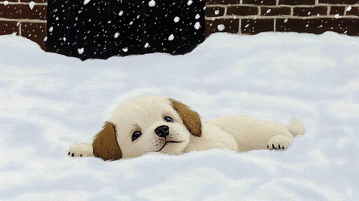 JPG 동물 편집이미지 한마리 겨울 붓터치 사람없음 귀여움 눈 강아지 그림 캔버스 함박눈 눈내림 눈덮임 묻힘 편집실사 자연요소 1 계절 컨셉 모션 날씨 눈_날씨 반려동물 개 CG 파일형식